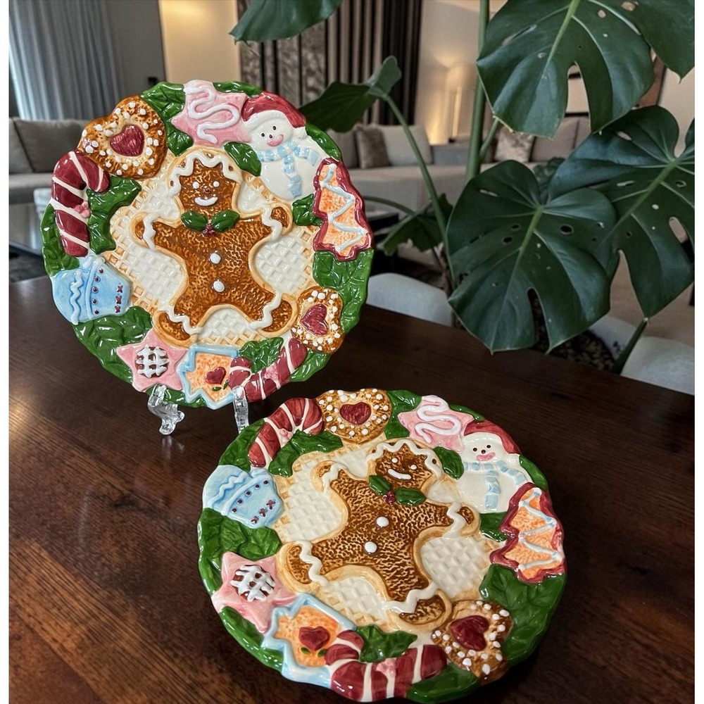 Gingerbread Embossed 2 Snack Candy Cookie Dessert Plates Snowman Multicolor VTG